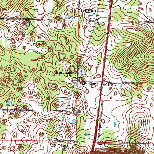 Topographic Map of Highland Church, IN