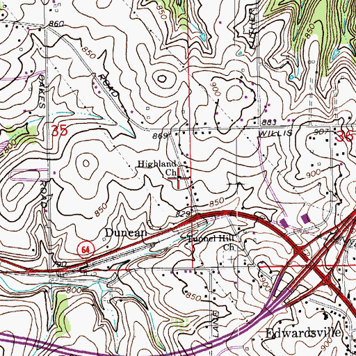 Topographic Map of Highland Church, IN