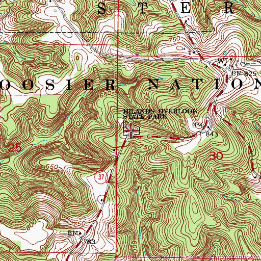 Topographic Map of Hilands Overlook State Park, IN