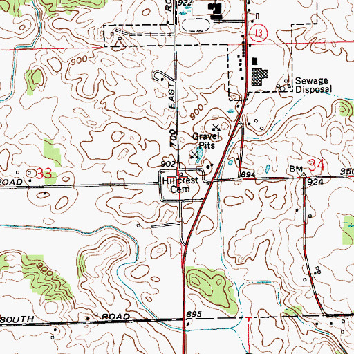 Topographic Map of Hillcrest Cemetery, IN