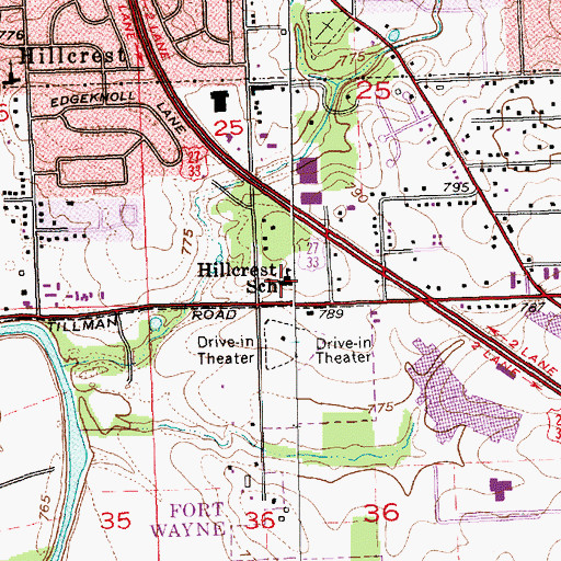 Topographic Map of Hillcrest School, IN