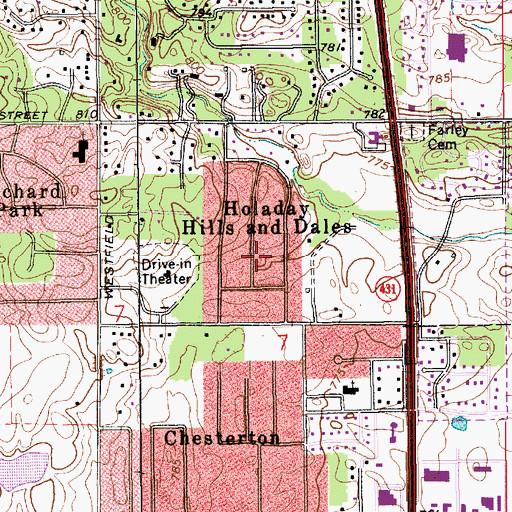 Topographic Map of Holaday Hills and Dales, IN