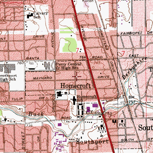 Topographic Map of Homecroft, IN