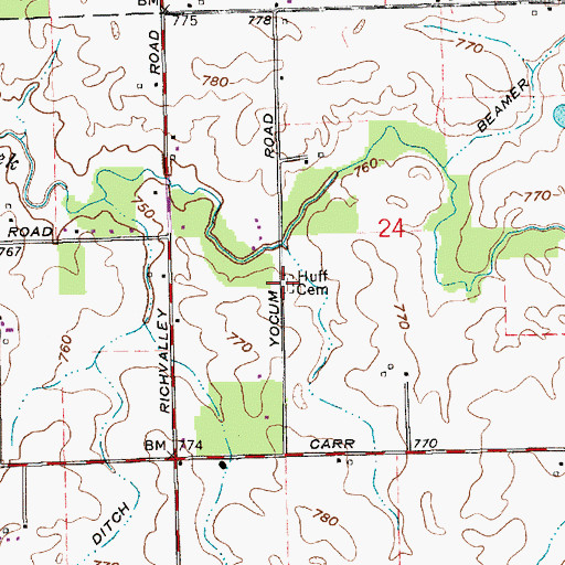 Topographic Map of Huff Cemetery, IN