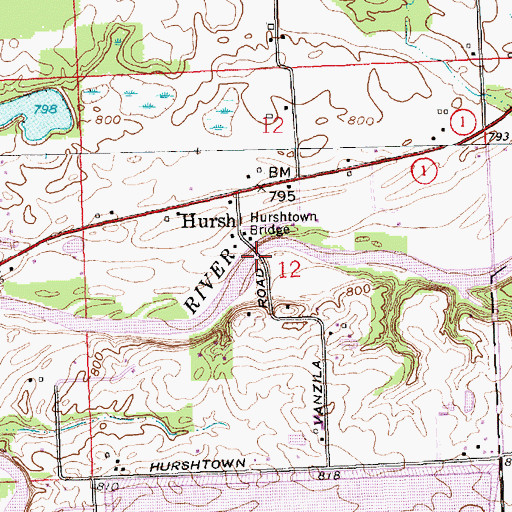 Topographic Map of Hurshtown Bridge, IN