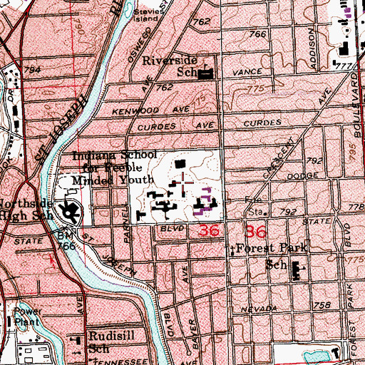 Topographic Map of Indiana School for Feeble Minded Youth (historical), IN