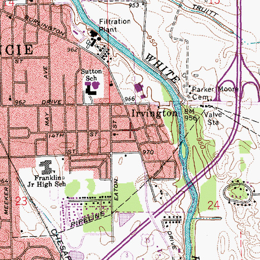 Topographic Map of Irvington, IN