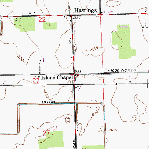 Topographic Map of Island Chapel, IN