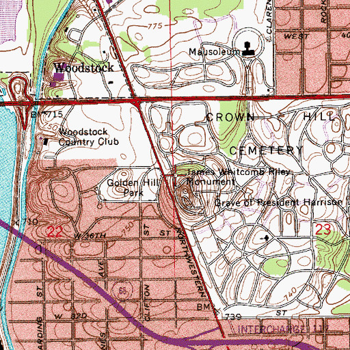 Topographic Map of James Whitcomb Riley Monument, IN