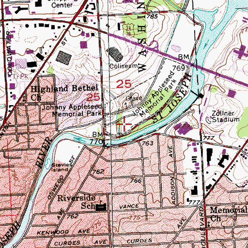 Topographic Map of Johnny Appleseed Memorial Park, IN