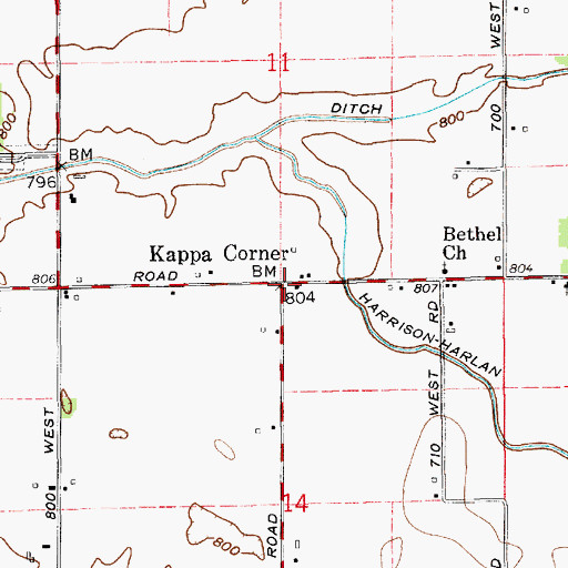 Topographic Map of Kappa Corner, IN