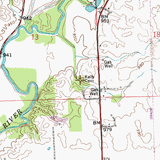 Topographic Map of Kelly Cemetery, IN