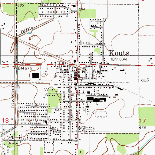 Topographic Map of Kouts, IN