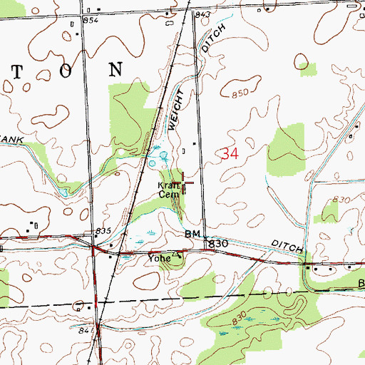 Topographic Map of Kraft Cemetery, IN