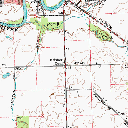 Topographic Map of Krisher Cemetery, IN