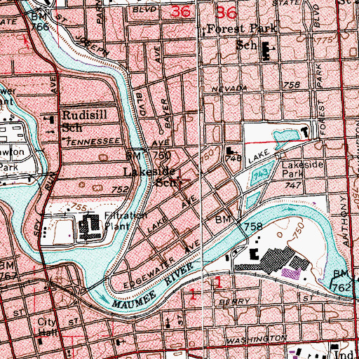 Topographic Map of Lakeside School, IN