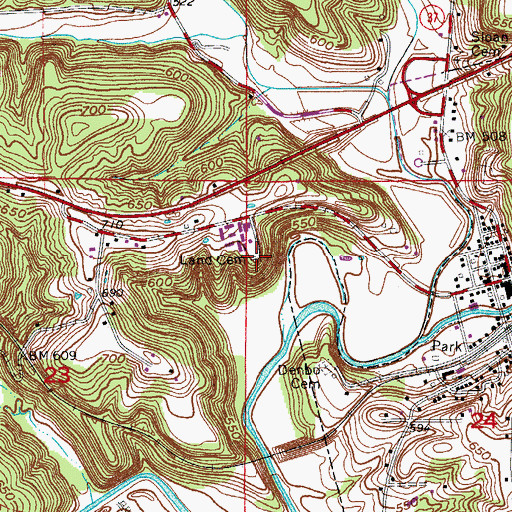 Topographic Map of Land Cemetery, IN