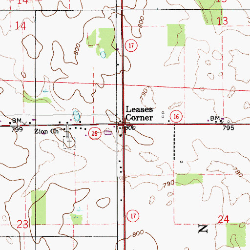 Topographic Map of Leases Corner, IN