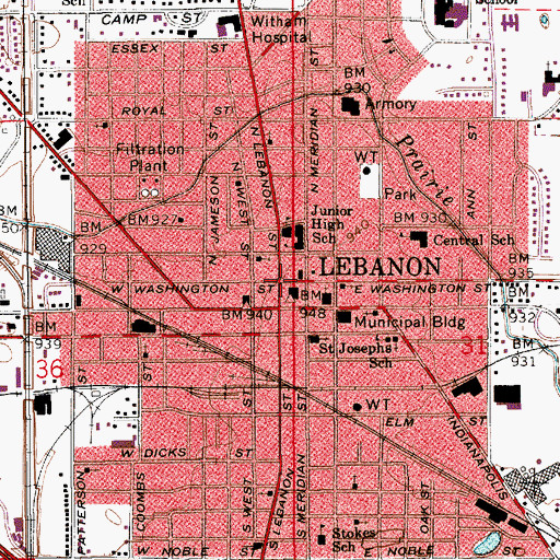 Topographic Map of Lebanon, IN