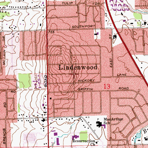 Topographic Map of Lindenwood, IN