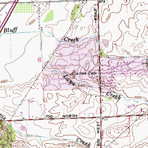 Topographic Map of Lowe Cemetery, IN