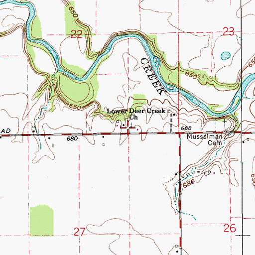 Topographic Map of Lower Deer Creek Church, IN