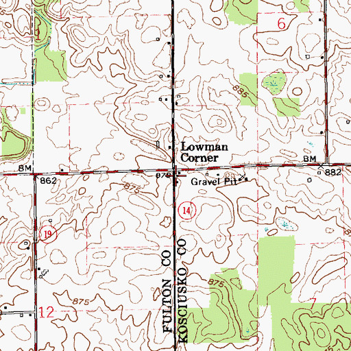 Topographic Map of Lowman Corner, IN
