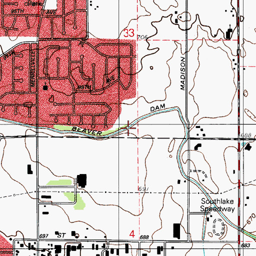 Topographic Map of Main Beaver Dam Ditch, IN