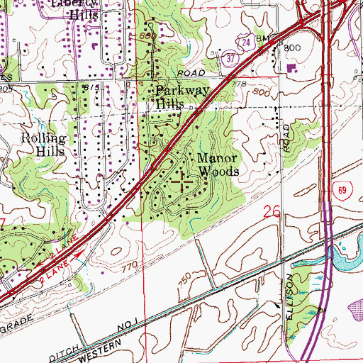 Topographic Map of Manor Woods, IN