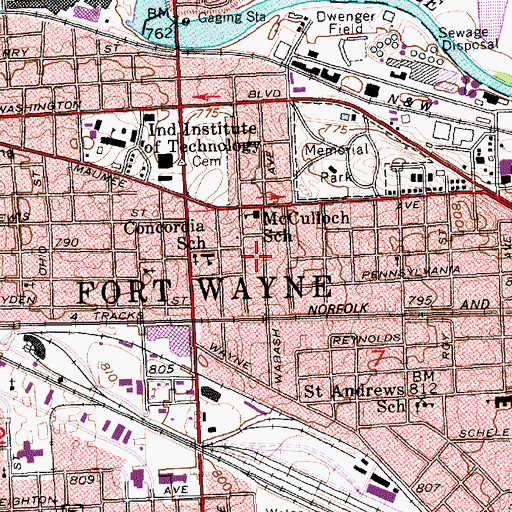 Topographic Map of McCulloch School, IN