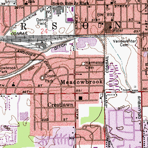 Topographic Map of Meadowbrook, IN