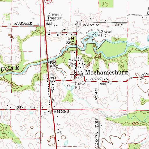 Topographic Map of Mechanicsburg, IN