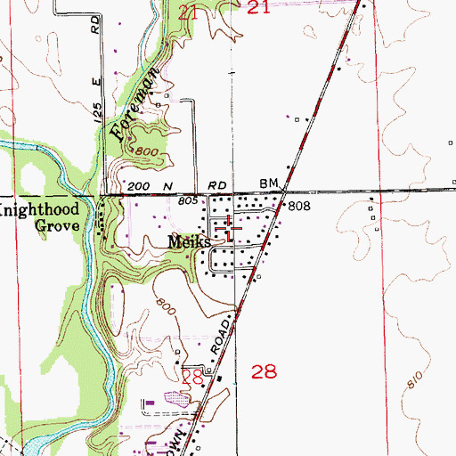 Topographic Map of Meiks, IN