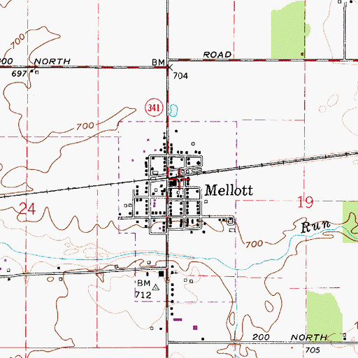 Topographic Map of Mellott, IN