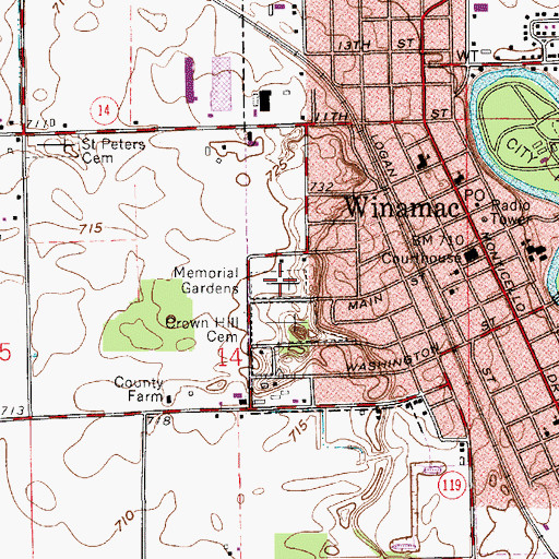 Topographic Map of Memorial Gardens, IN