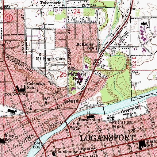 Topographic Map of Logansport Memorial Hospital, IN