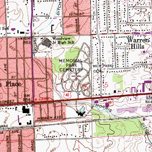 Topographic Map of Memorial Park Cemetery, IN