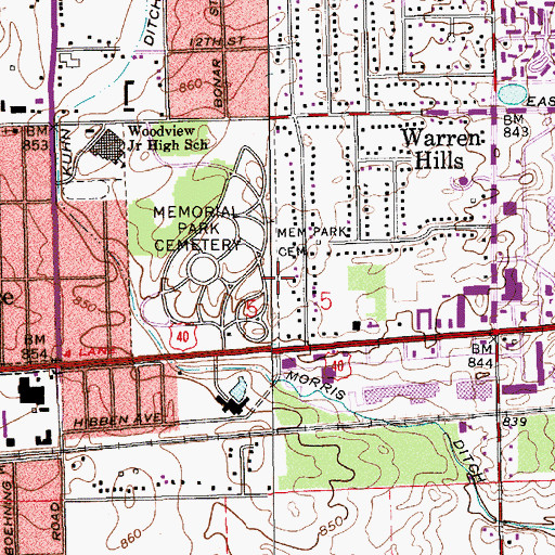 Topographic Map of Memorial Park Cemetery, IN