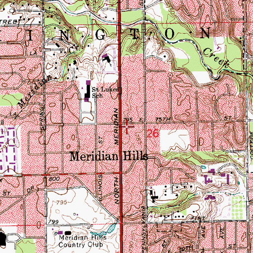 Topographic Map of Meridian Hills, IN