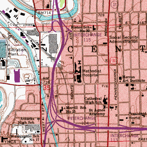 Topographic Map of Indiana University Health Methodist Hospital, IN