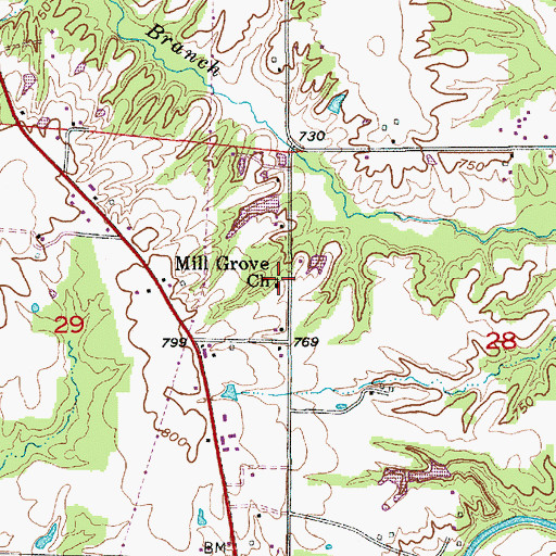 Topographic Map of Mill Grove Church, IN