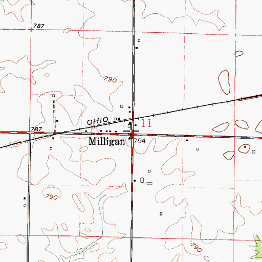 Topographic Map of Milligan, IN