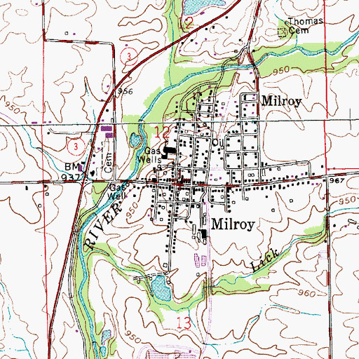 Topographic Map of Milroy, IN