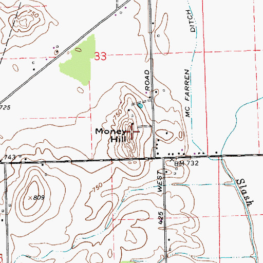Topographic Map of Money Hill, IN
