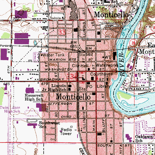 Topographic Map of Monticello, IN