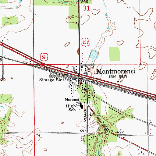 Topographic Map of Montmorenci, IN