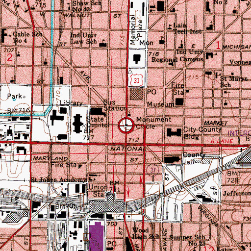 Topographic Map of Monument Circle, IN