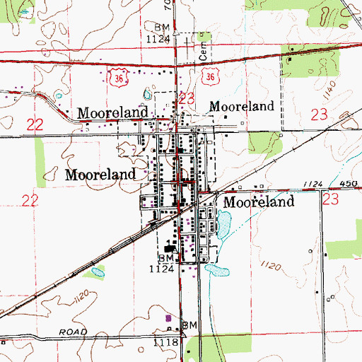 Topographic Map of Mooreland, IN