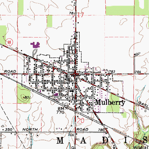 Topographic Map of Mulberry, IN