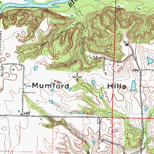 Topographic Map of Mumford Hills, IN
